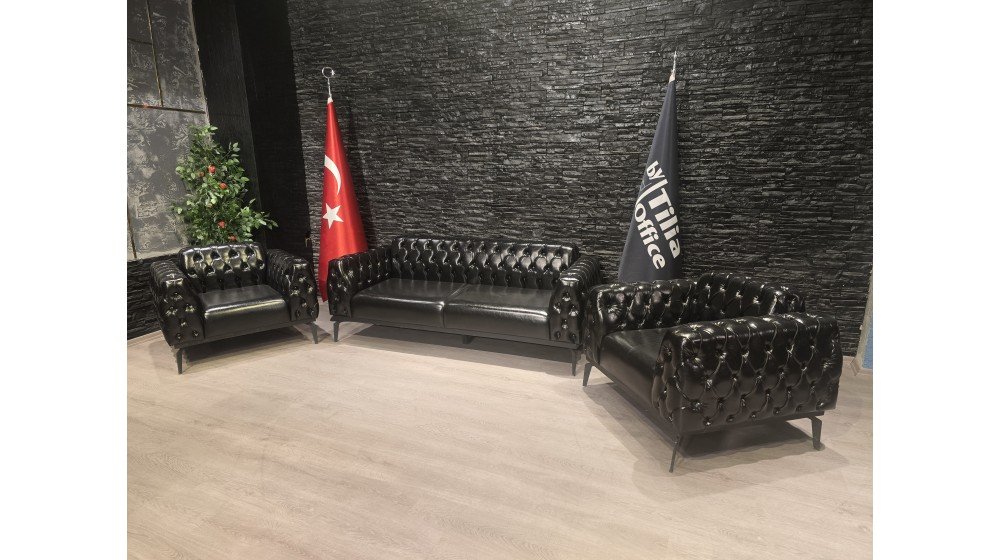 Tilia K Chester modern ofis oturma grubu, siyah deri, kapitone sırt ve modern lineer kolçaklar.